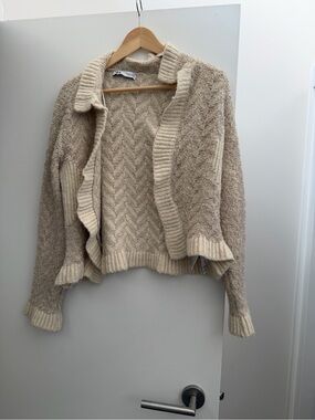 Zara Cream & Beige Textured Open-Front Cardigan